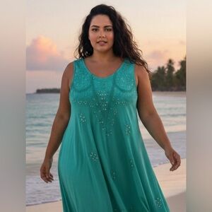 90s Vintage Embroidered Tank Dress One Size Aqua Fairy Cottagecore Whimsigoth